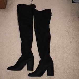 Thigh high suede booties